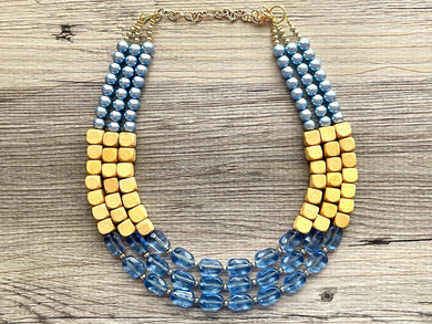 Periwinkle Colorblock Necklace, Chunky 3 Strand Statement Necklace, blue wood jewelry, silver turquoise resin jewelry metallic brown