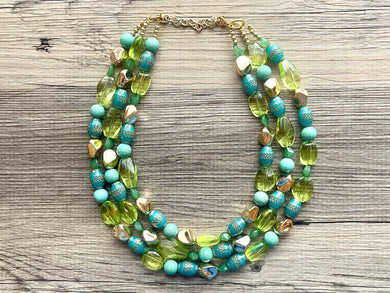 Caramel Green Apple Chunky Statement Necklace, lime green beaded necklace, 3 strand necklace, turquoise beaded jewelry collar painted