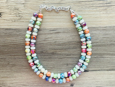 Rainbow + White Lava Lamp Statement Necklace, chunky multi-strand jewelry, green yellow pink colorful necklace, silver blue jewelry