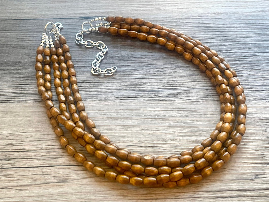 5 Strand Wood Beaded Necklace, brown Jewelry Chunky statement necklace, big beaded necklace jewelry, natural smooth wood earrings