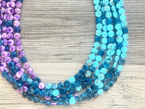 Blue & Purple Rainbow Pixel 6 strand OOAK statement Necklace, Aqua Purple Beaded Jewelry, summer silver jewelry island necklace ombré