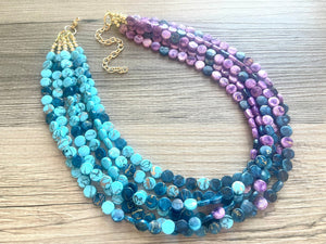 Blue & Purple Rainbow Pixel 6 strand OOAK statement Necklace, Aqua Purple Beaded Jewelry, summer silver jewelry island necklace ombré