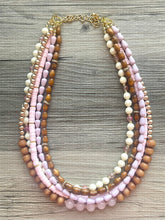 Load image into Gallery viewer, Pink Rose Quartz statement necklace, chunky bib beaded jewelry soft blush pink necklace, multi strand wood, Traveler Collection