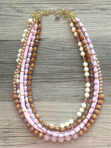 Pink Rose Quartz statement necklace, chunky bib beaded jewelry soft blush pink necklace, multi strand wood, Traveler Collection