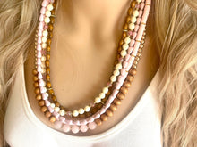 Load image into Gallery viewer, Pink Rose Quartz statement necklace, chunky bib beaded jewelry soft blush pink necklace, multi strand wood, Traveler Collection