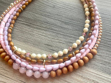 Load image into Gallery viewer, Pink Rose Quartz statement necklace, chunky bib beaded jewelry soft blush pink necklace, multi strand wood, Traveler Collection