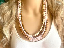 Load image into Gallery viewer, Pink Rose Quartz statement necklace, chunky bib beaded jewelry soft blush pink necklace, multi strand wood, Traveler Collection