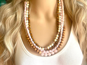 Pink Rose Quartz statement necklace, chunky bib beaded jewelry soft blush pink necklace, multi strand wood, Traveler Collection