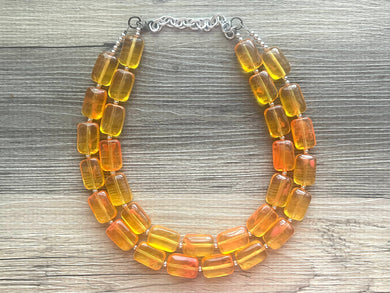 Bright Orange Chunky Statement Necklace - Translucent Orange Big beaded jewelry, Double Strand Statement rectangle geometric marigold