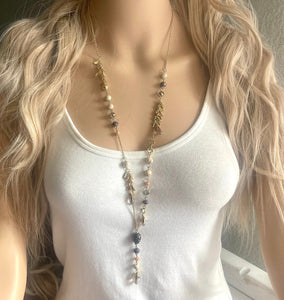 Neutral Lariat gemstone beaded long statement Necklace, gold pearl jewelry chunky bib beaded, layering vintage black chain necklace