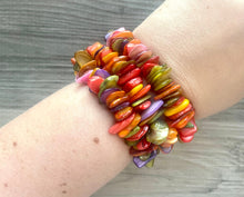 Load image into Gallery viewer, Rainbow Beaded Statement bracelet, shell stretch bracelet, rainbow beaded jewelry, stretch bracelet, multi color beaded rainbow bracelet