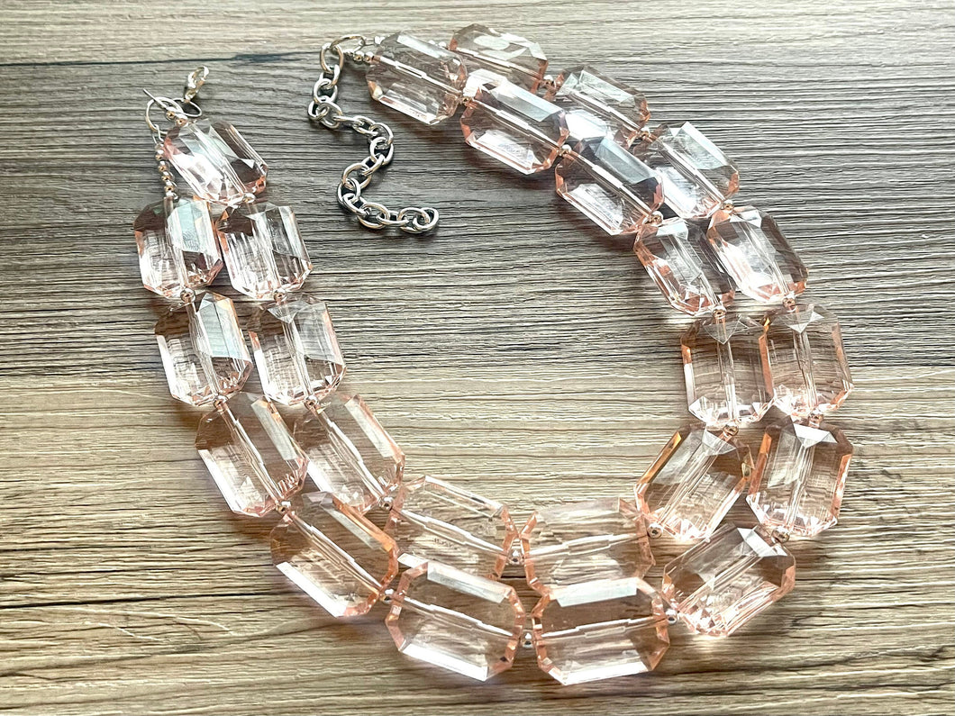 Translucent Glow Up Peach 2 strand statement Necklace, Clementine Beaded Necklace, summer silver jewelry, bubble bib pink peach orange