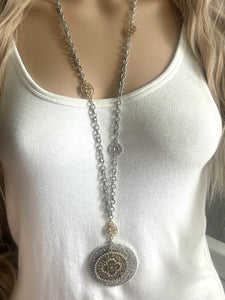 Metallic beaded long statement Necklace, gold medallion jewelry chunky bib beaded, layering vintage necklace coin