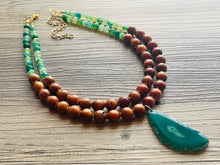 Load image into Gallery viewer, Green Agate Pendant Necklace with wood gold Chain, bead pendant necklace 2 strand drop style gold boutique ooak