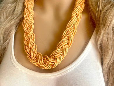 Braided Seed Bead Statement Necklace, Peach Orange long necklace, Chunky jewelry thick collar bib necklace, creamsicle beaded necklace