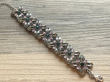 Load image into Gallery viewer, Lavender Vintage Statement bracelet, chunky vintage bracelet, purple green rhinestone beaded jewelry, chunky geometric pendant jewelry