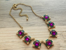 Load image into Gallery viewer, Rhinestone Fall Statement Necklace with major BLING, gold purple chunky necklace, statement jewelry, gemstone necklace, faux Diamond green