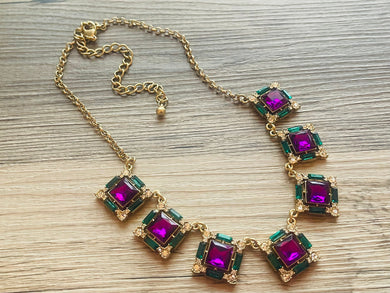 Rhinestone Fall Statement Necklace with major BLING, gold purple chunky necklace, statement jewelry, gemstone necklace, faux Diamond green