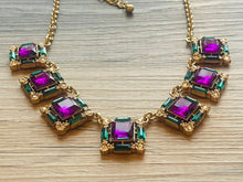 Load image into Gallery viewer, Rhinestone Fall Statement Necklace with major BLING, gold purple chunky necklace, statement jewelry, gemstone necklace, faux Diamond green