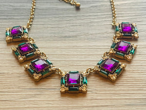 Rhinestone Fall Statement Necklace with major BLING, gold purple chunky necklace, statement jewelry, gemstone necklace, faux Diamond green