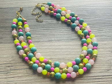 Lime Green & Pink Chunky Statement Necklace, Big beaded jewelry, 3 Strand gold Statement coral Bib necklace, green bridesmaid wedding