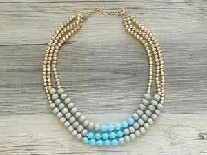 Blue turquoise statement necklace, chunky bib beaded jewelry light blue necklace, multi strand wood & gold, Traveler Collection