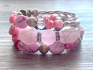 Pink Beaded Statement bracelet, shell stretch bracelet, rainbow beaded jewelry, memory wire bracelet, multi color bead gold wood bracelet