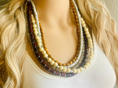 Gray Brown statement necklace, chunky bib beaded jewelry 5 strand neutral necklace, wood multi strand wood, Traveler Collection