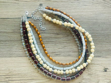 Load image into Gallery viewer, Gray Brown statement necklace, chunky bib beaded jewelry 5 strand neutral necklace, wood multi strand wood, Traveler Collection