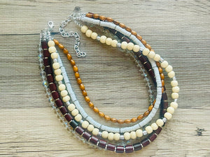 Gray Brown statement necklace, chunky bib beaded jewelry 5 strand neutral necklace, wood multi strand wood, Traveler Collection