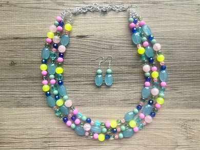 Helena’s Jeweled Chunky Statement Necklace, Big beaded jewelry, 3 Strand silver Statement pink lime Bib necklace, green bridesmaid wedding