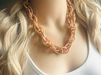 Champagne & Gold Necklace, tan brown gold statement linking chain bib necklace, pink dusty rose rosegold jewelry