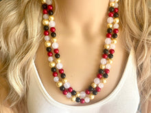 Load image into Gallery viewer, New Years Eve 2 Strand Statement Necklace, bib necklace, acrylic pearl necklace, gold black red white jewelry, double beaded long layering