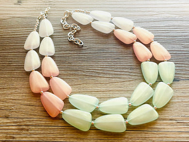 Glitter Watermelon Statement Necklace Chunky Two Strand Jewelry, COLOR BLOCK jewelry, chunky resin lucite necklace coral white light green