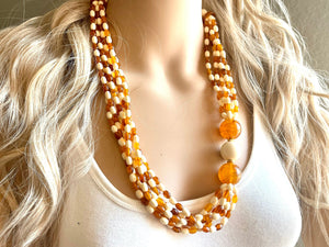 Orange & Cream Statement Necklace, 6 strand chunky long necklace, teal jewelry, warm orange white acrylic vintage beaded necklace