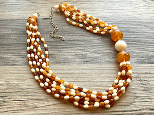 Orange & Cream Statement Necklace, 6 strand chunky long necklace, teal jewelry, warm orange white acrylic vintage beaded necklace