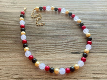 Load image into Gallery viewer, New Years Eve 1 Strand Statement Necklace, bib necklace, acrylic pearl necklace, gold black red white jewelry, single beaded long layering