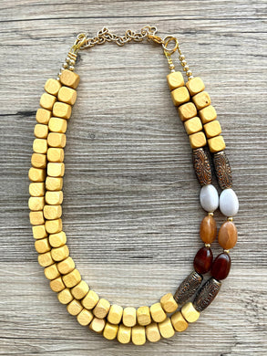 Natural Vintage Brown Speckled statement necklace, chunky bib beaded jewelry chocolate, multi strand wood & gold, Traveler Collection