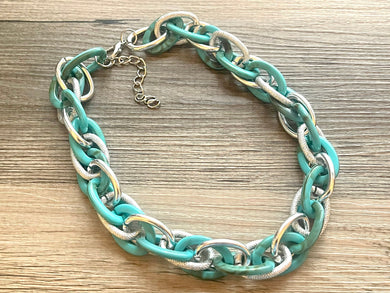 Seafoam & Gold Necklace, tan brown gold statement linking chain bib necklace, green brown jewelry twisted chained beaded