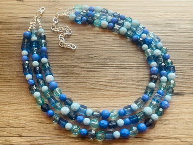 Port side Blue Ombré Chunky Statement Necklace, multi Strand Beaded Jewelry, dark blue jewelry, 3 strand chunky bib mint green