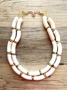 Creamy Gold Statement Necklace, neutral jewelry, Tan bib chunky necklace, thick bib white neutral geometric 2 strand funky boho