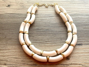 Creamy Gold Statement Necklace, neutral jewelry, Tan bib chunky necklace, thick bib white neutral geometric 2 strand funky boho