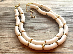 Creamy Gold Statement Necklace, neutral jewelry, Tan bib chunky necklace, thick bib white neutral geometric 2 strand funky boho