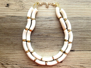 Creamy Gold Statement Necklace, neutral jewelry, Tan bib chunky necklace, thick bib white neutral geometric 2 strand funky boho