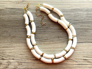 Creamy Gold Statement Necklace, neutral jewelry, Tan bib chunky necklace, thick bib white neutral geometric 2 strand funky boho