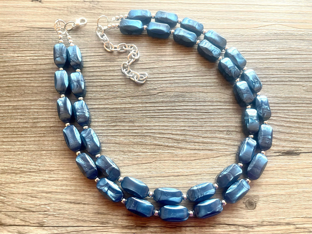 Royal Blue Necklace, 2 strand jewelry, tube beaded chunky statement necklace, blue necklace, Metallic navy royal blue jewelry