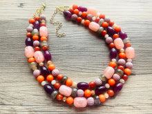 Load image into Gallery viewer, Peach 3 Strand Orange Splash Statement Necklace, orange beaded jewelry bridesmaid, pumpkin eggplant purple gray coral