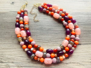 Peach 3 Strand Orange Splash Statement Necklace, orange beaded jewelry bridesmaid, pumpkin eggplant purple gray coral