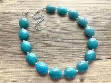Crackle Beaded Chunky Statement Necklace, aqua blue necklace, single silver beaded wedding, bridesmaid jewelry navy blue turquoise