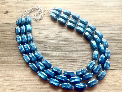 Royal Blue Necklace, 3 strand jewelry, tube beaded chunky statement necklace, blue necklace, Metallic navy royal blue jewelry